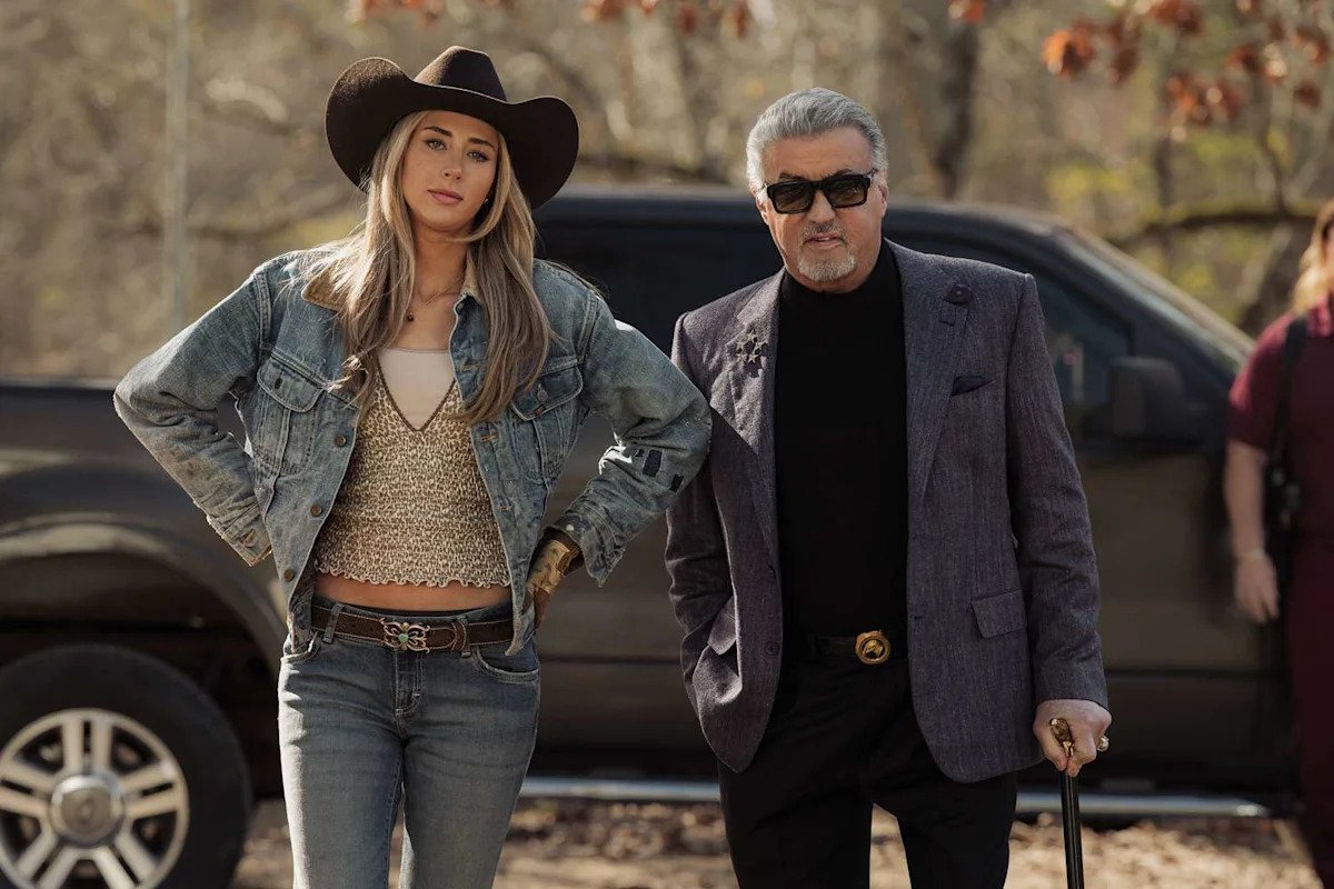 Scarlet Rose Stallone and Sylvester Stallone in Tulsa King still.